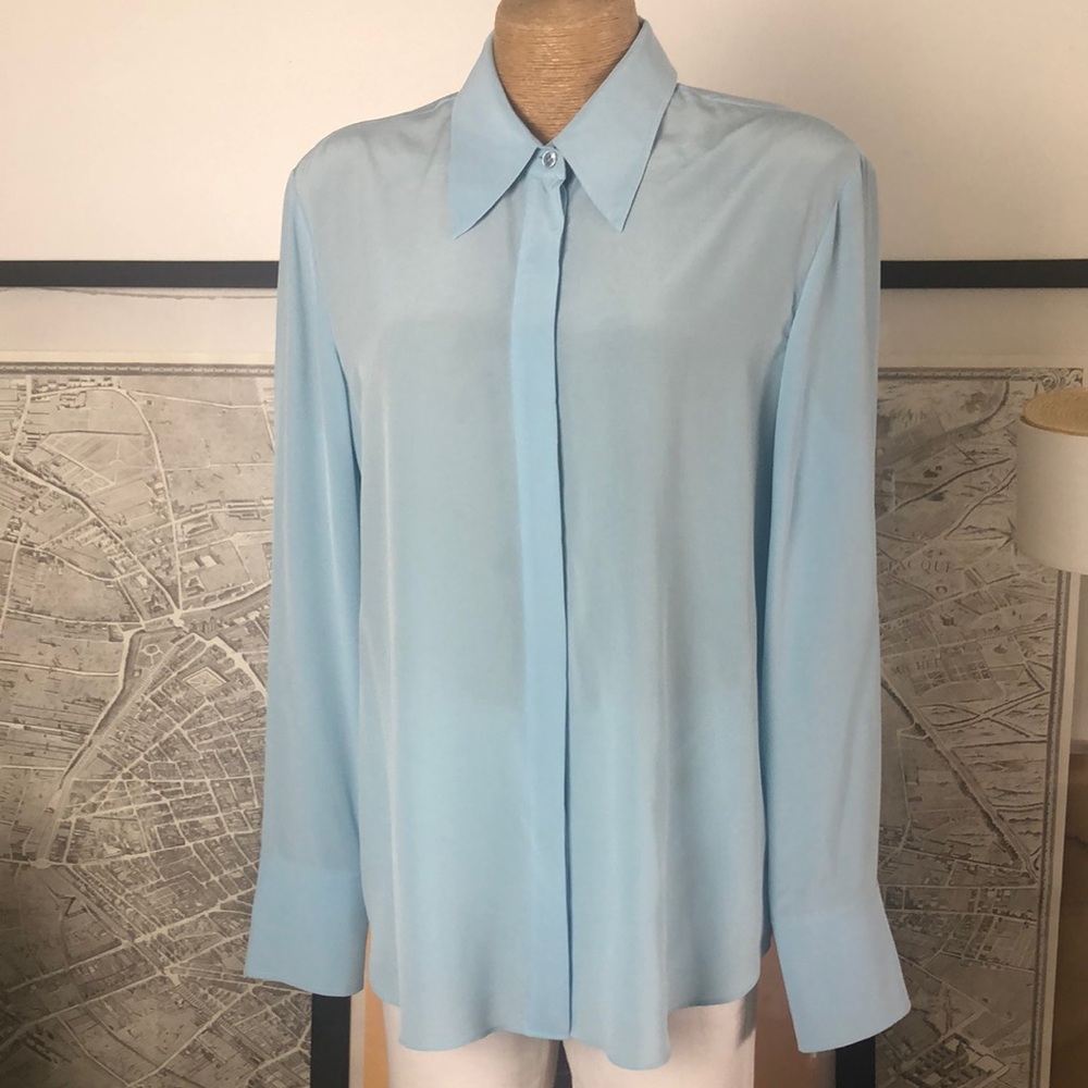 ST.JOHN Silk Light Blue Button-Up Shirt Size 16